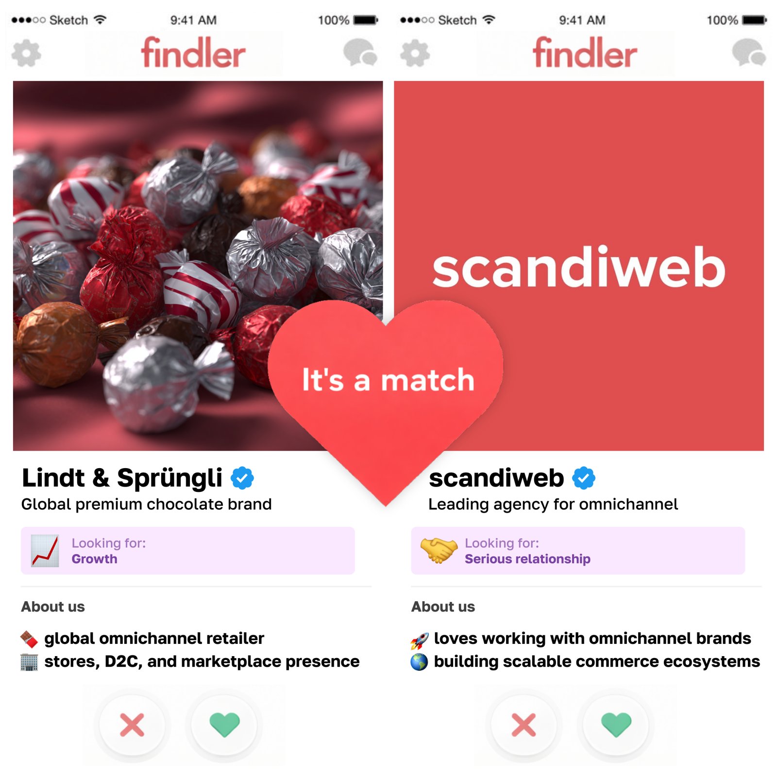 Valentine's Day ad: dating-app style match between Lindt & Sprüngli and scandiweb