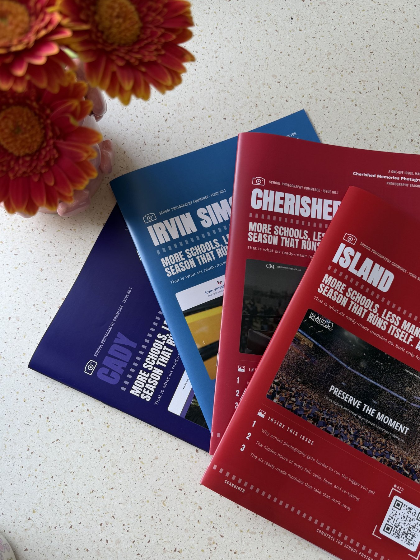 Four printed magazines fanned out, each cover personalised to the recipient's industry