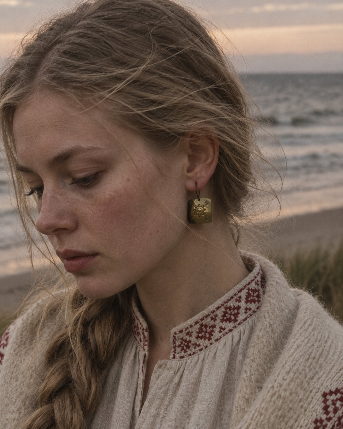 Brass sun-motif earring, portrait on the beach