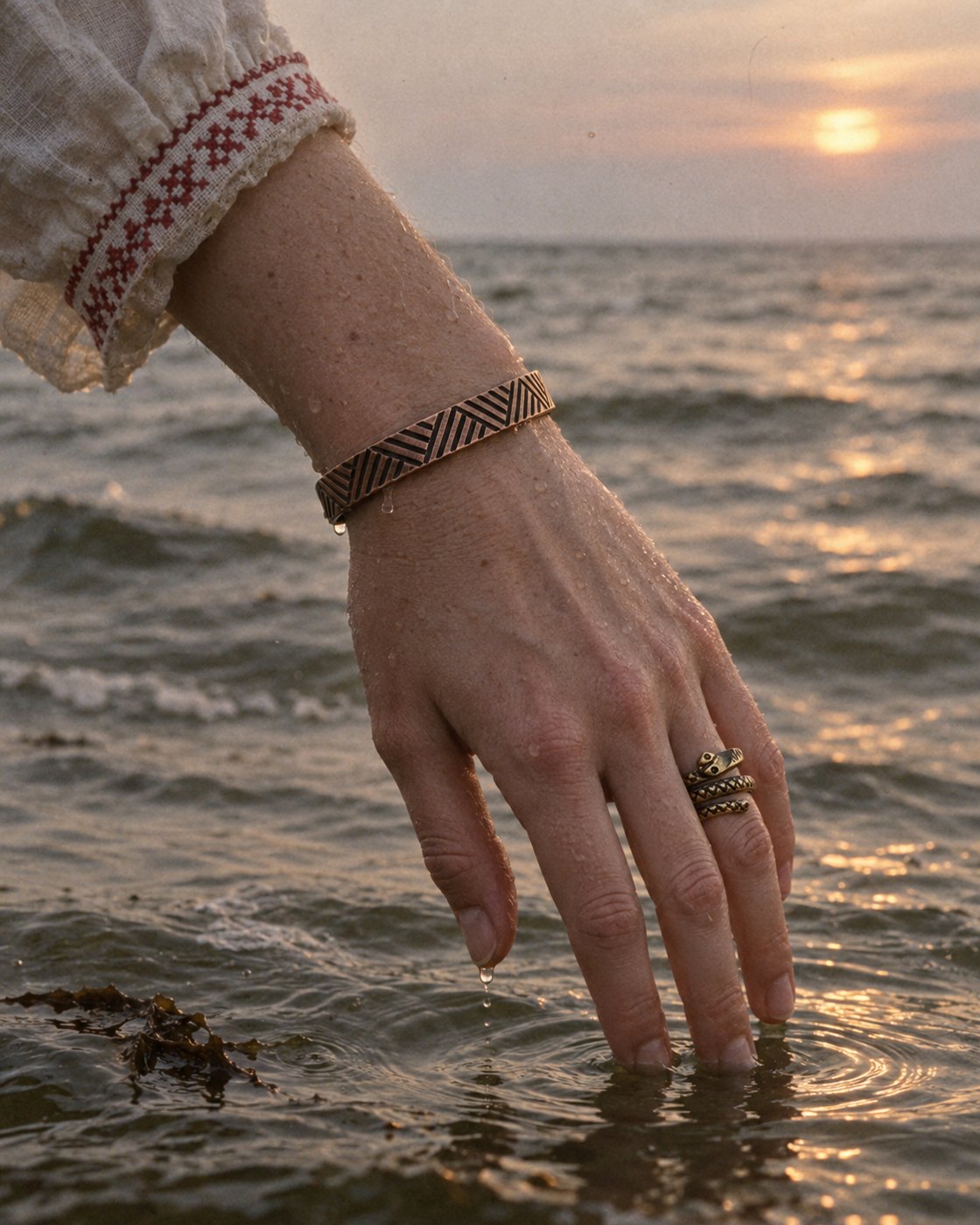 Brass bracelet and ring, hand touching the sea