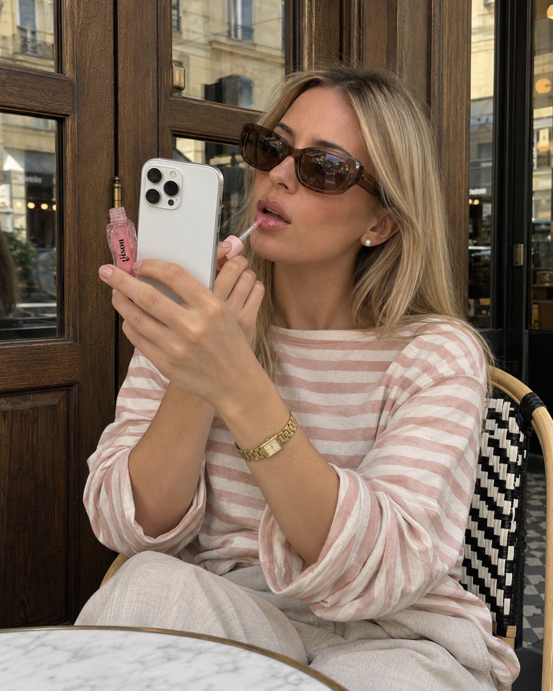 Creator applying lip oil at a Paris cafe table
