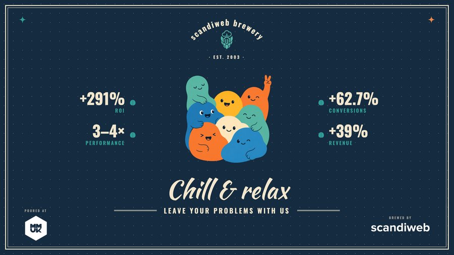 Chill and relax bottle label design: scandiweb brewery theme with client results styled as brew stats